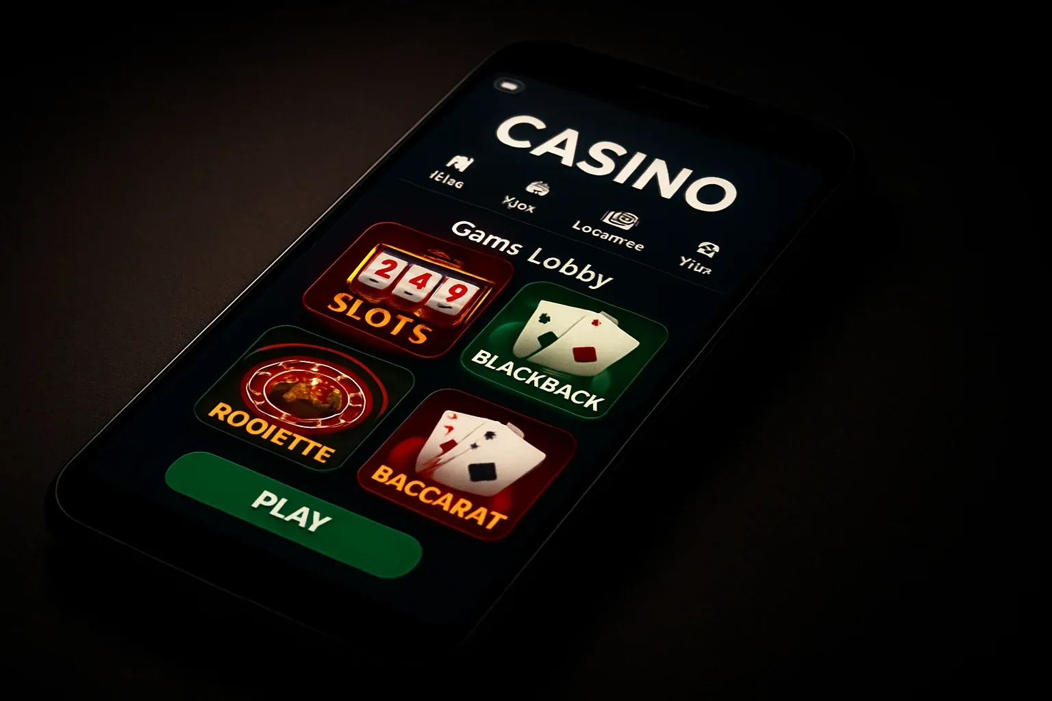 Android smartphone mockup showing casino mobile app game lobby interface