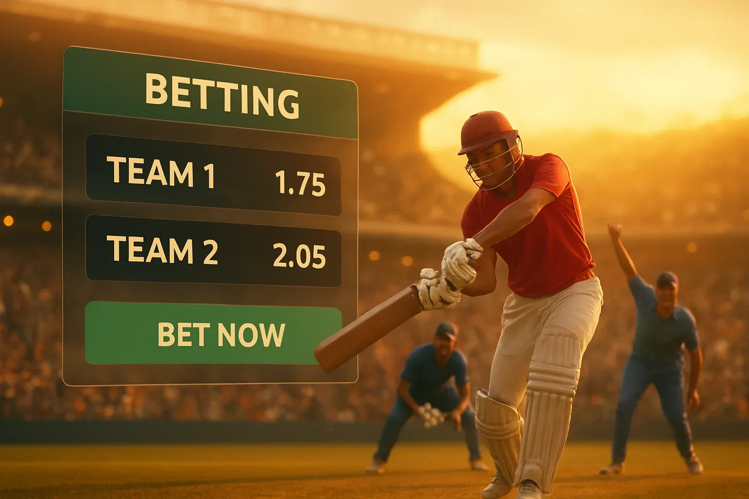 Sports betting banner with cricket action, stadium crowd, and interface overlay