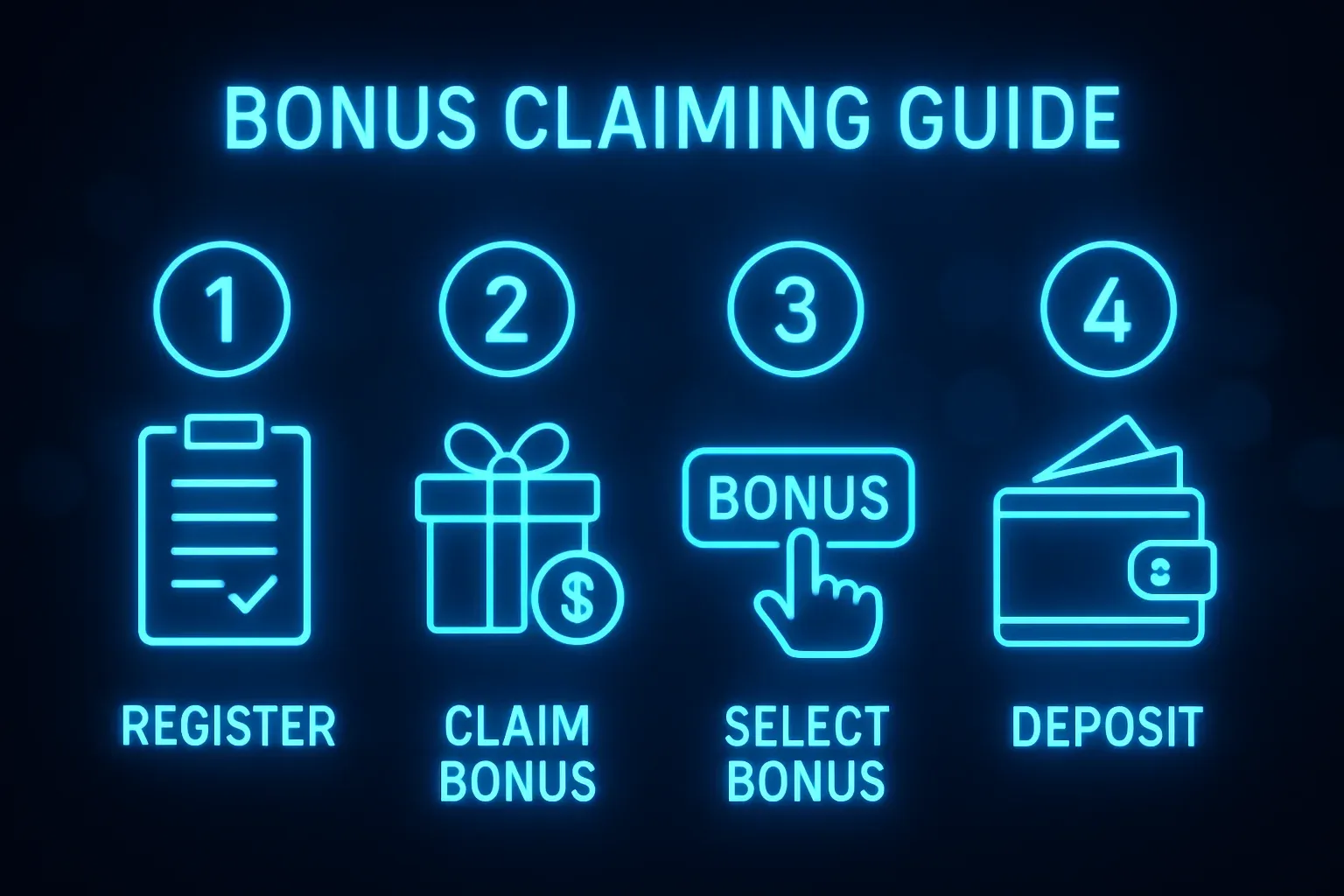 Step-by-step bonus claiming guide infographic with numbered steps on dark background
