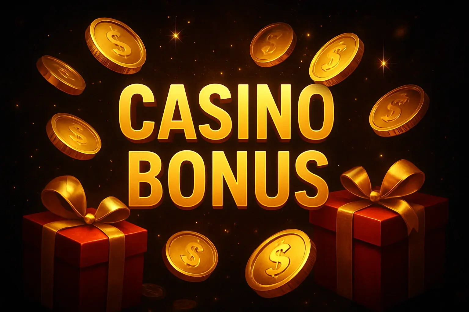 Casino bonus banner with golden coins, gift boxes, and sparkling premium rewards