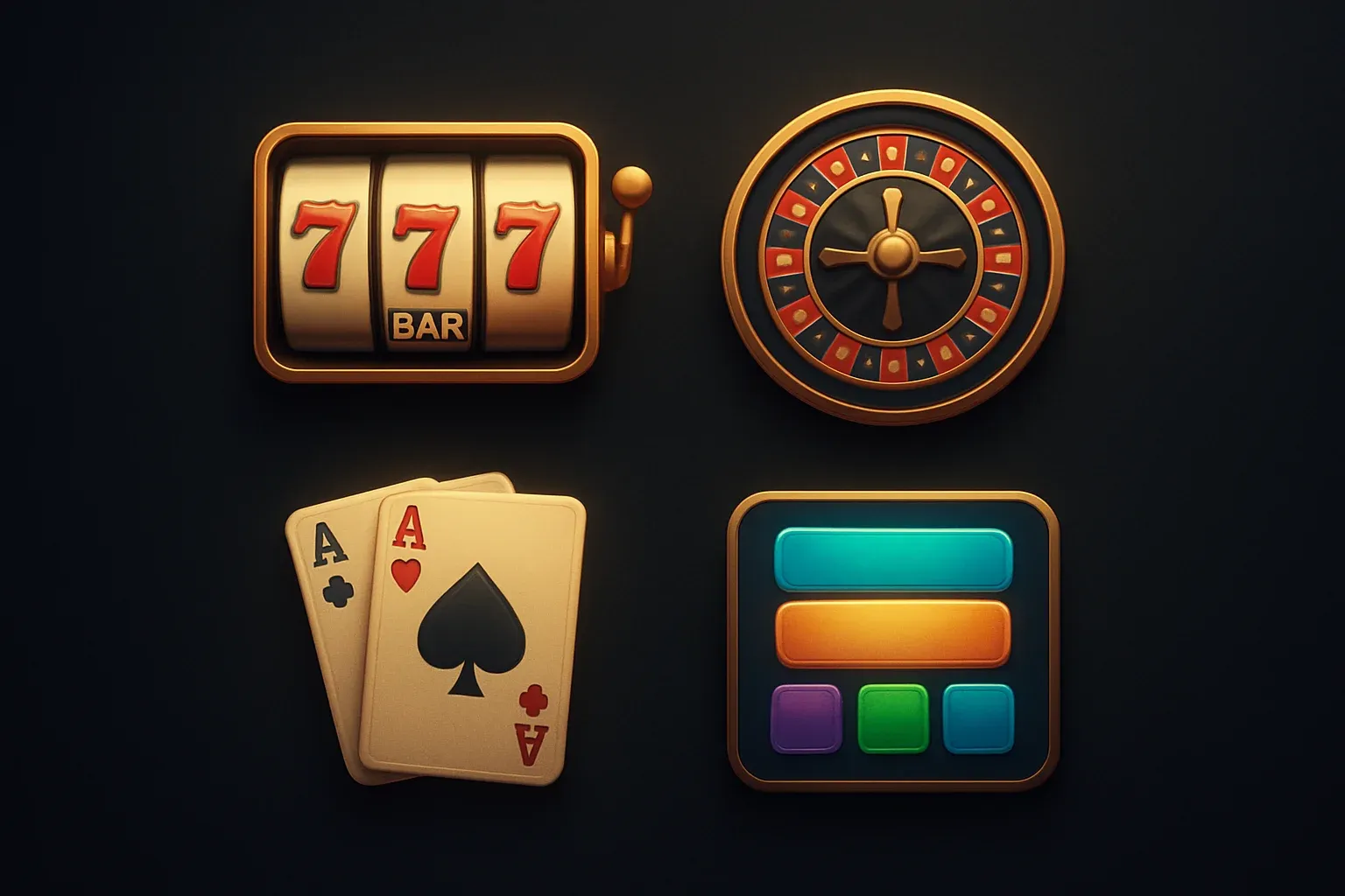 Popular casino game icons with slots, roulette, cards on dark background