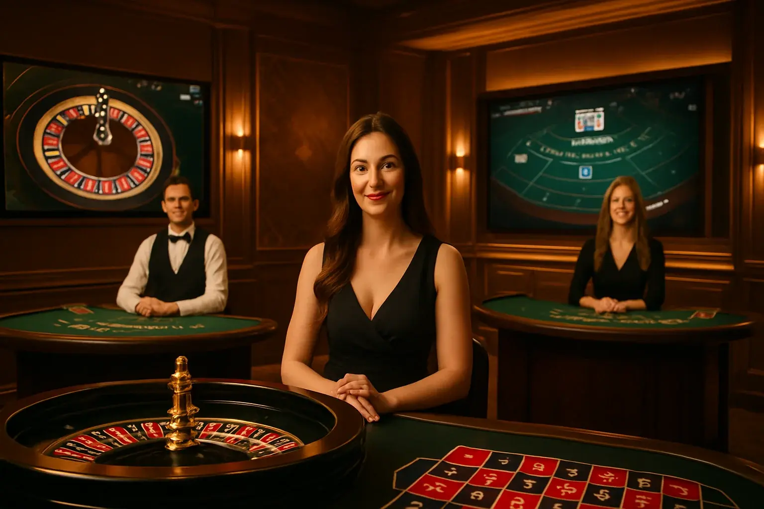 Elegant live casino studio with professional dealers and roulette blackjack screens