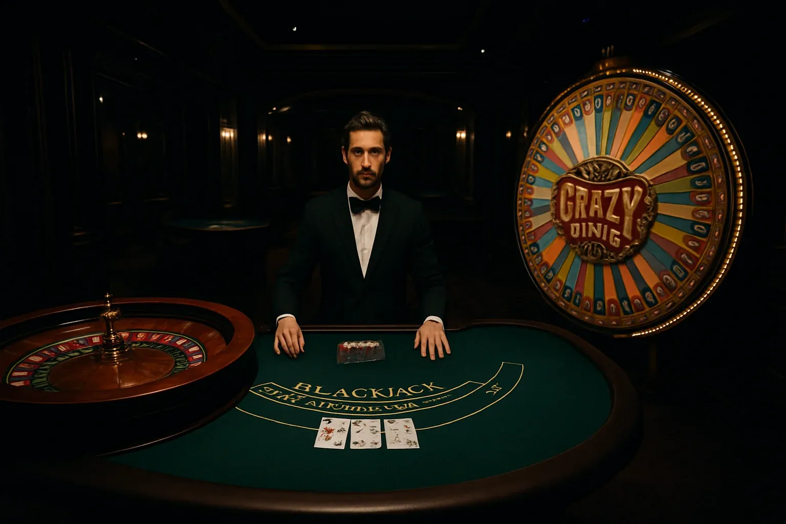 Live casino game cards with roulette, blackjack, Crazy Time, and dealer