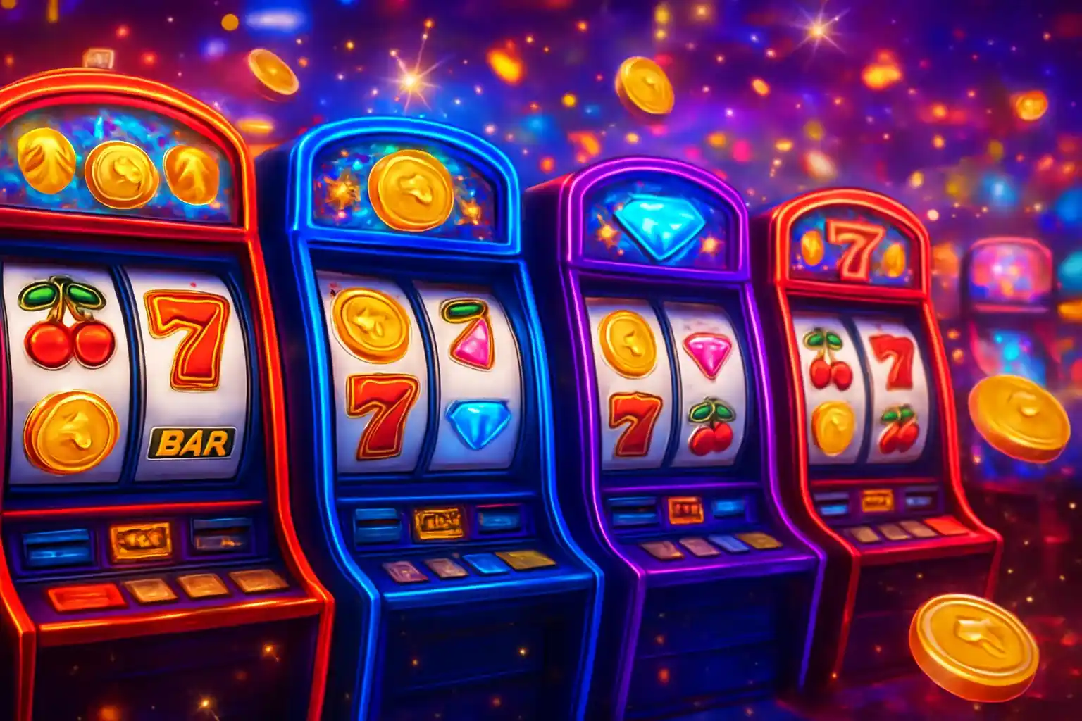 Colorful casino slot machines collage with reels, coins, diamonds, and 7s