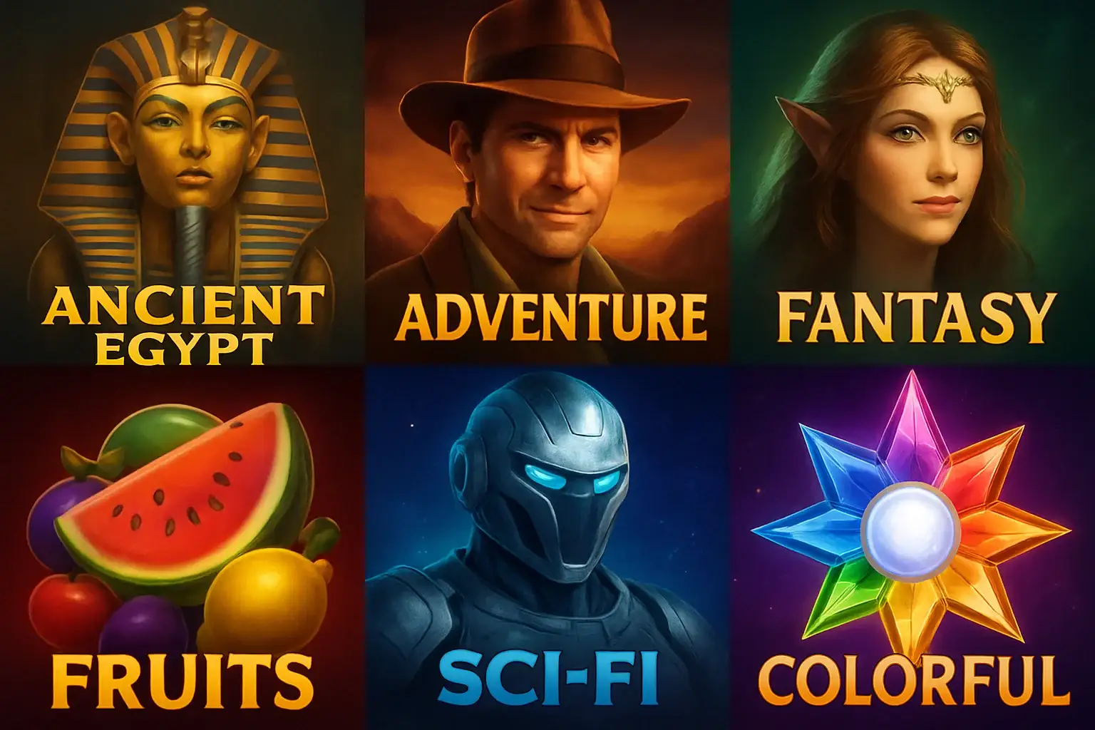 Grid of popular slot game thumbnails with Egypt, fantasy, fruit, sci-fi themes